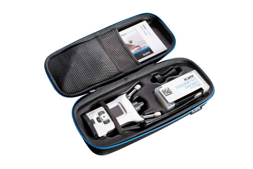 iCare HOME2 tonometer kit with carry case, probes, and quick start guide